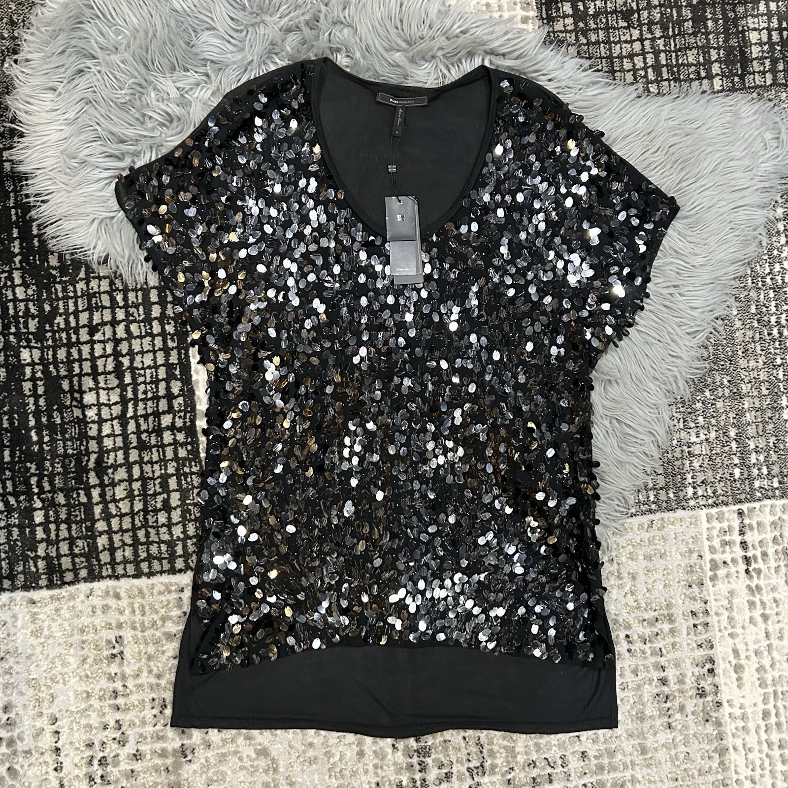 Bcbg Black Combo (Adu1g800) Sequin Short Sleeve Silk Top Nwt Medium ($238)